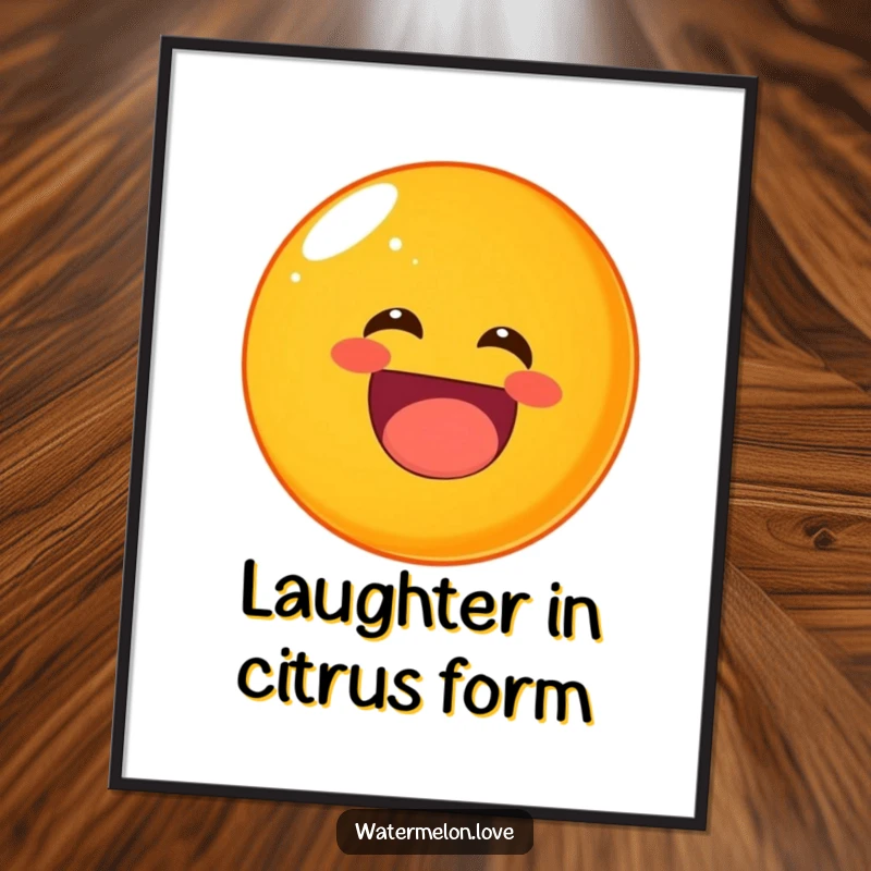 Funny rolling orange digital art print, a round fruit character laughing heartily while tumbling.