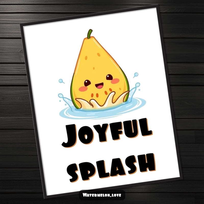 Funny melon digital art print, a cheerful anthropomorphic wedge happily splashing in a water droplet, ready for instant download.