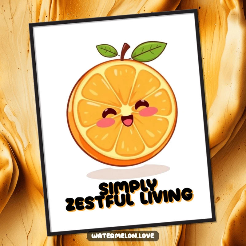 Funny digital art print of a joyful orange segment in a continuous spin, bringing bright, cheerful vibes.