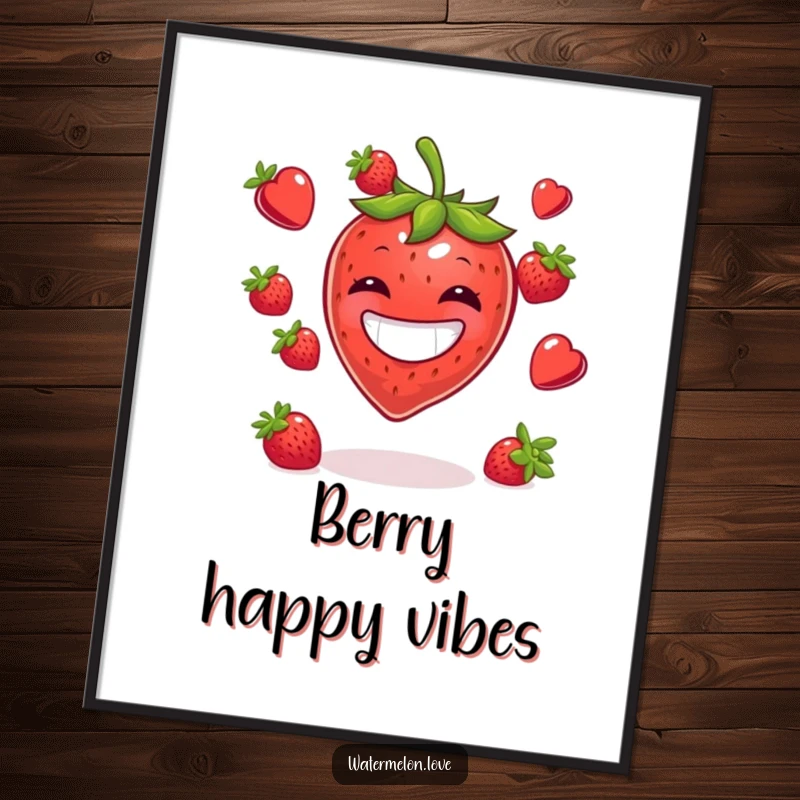 Funny digital art print of a smiling strawberry enthusiastically juggling multiple berries, bringing cheer to any room.