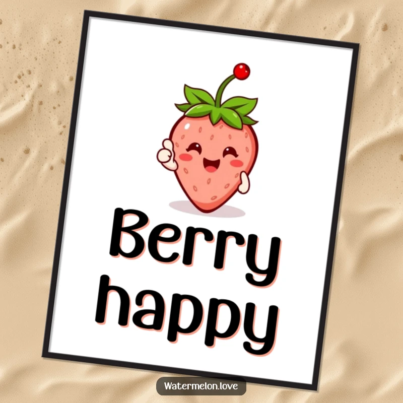 Funny Strawberry Digital Art Print with a cherry on top, giving a thumbs up, perfect for vibrant and humorous decor.
