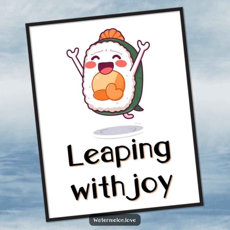 Funny sushi digital art print, energetic artwork of anthropomorphic sushi leaping with elation, vibrant and appetizing decor.