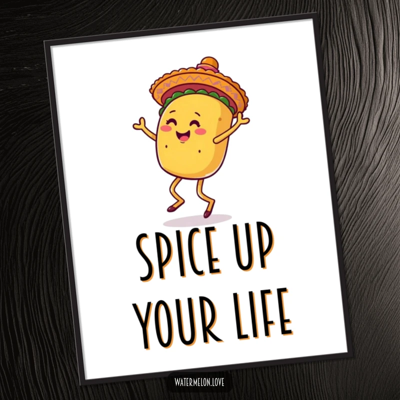 Funny digital art of a happy anthropomorphic taco with legs dancing under a sombrero, perfect for instant wall decor.