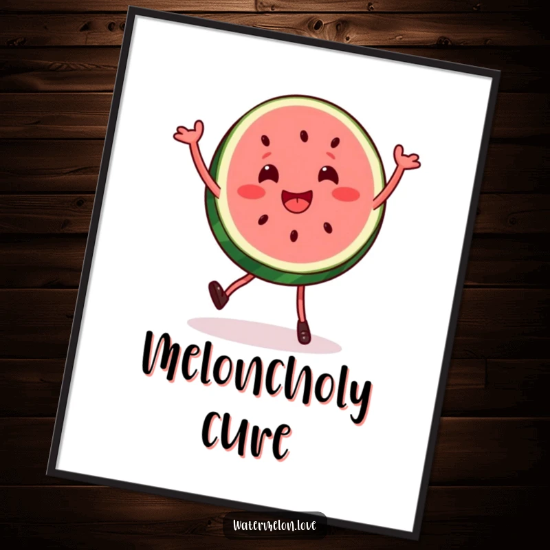 Funny watermelon slice digital art print of a character performing a joyful, bouncy dance, ready to bring laughter and color to your walls.