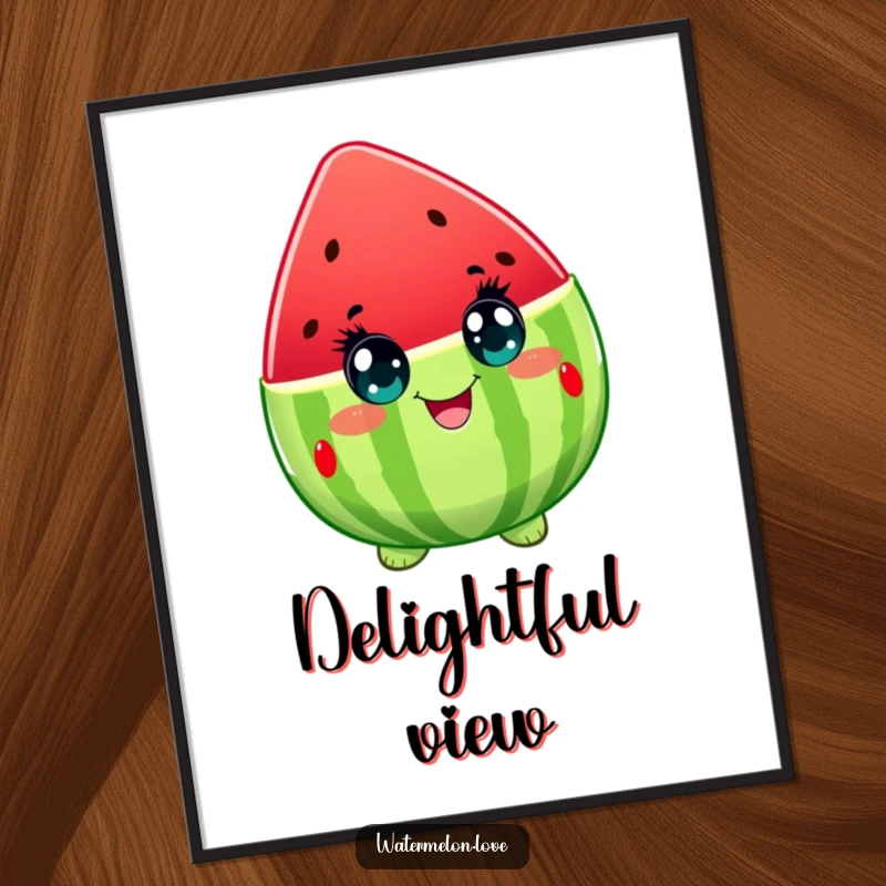 Funny digital art print of a watermelon character with eyes wide with delight, capturing ultimate fruity happiness for digital display.