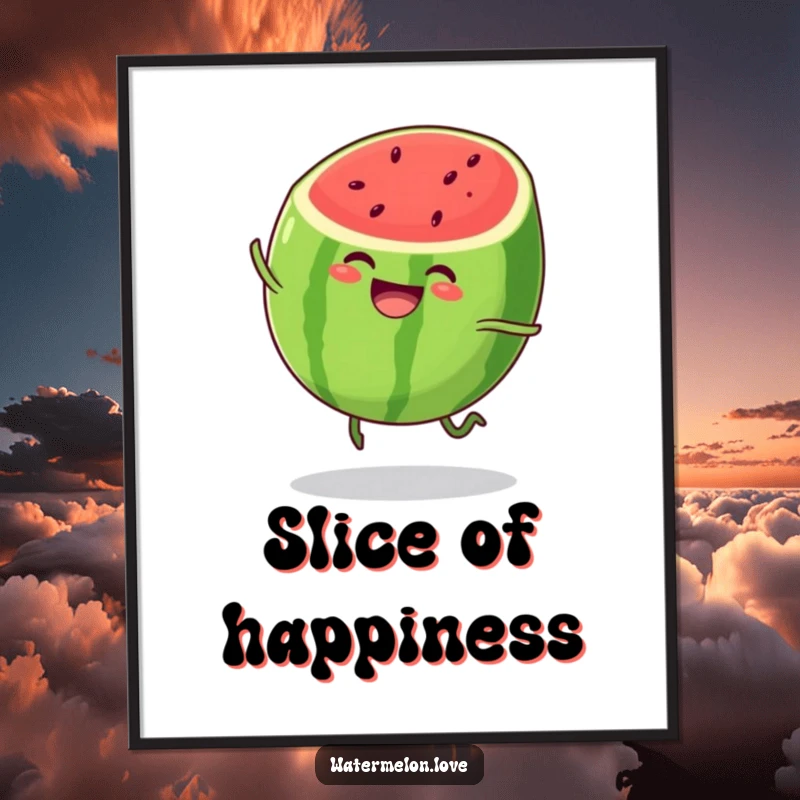 Funny watermelon digital art print, downloadable art of anthropomorphic fruit slice bouncing with elation, cheerful and modern decor.