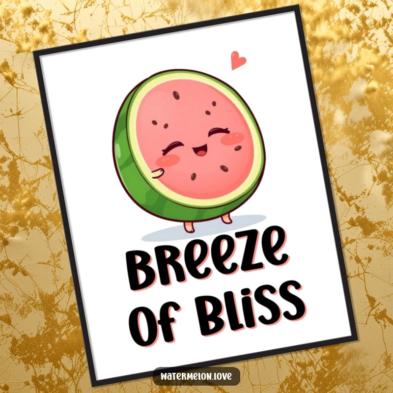Funny watermelon digital art print, a wobbly slice with eyes closed, blissfully enjoying a cool breeze, ready for instant download.