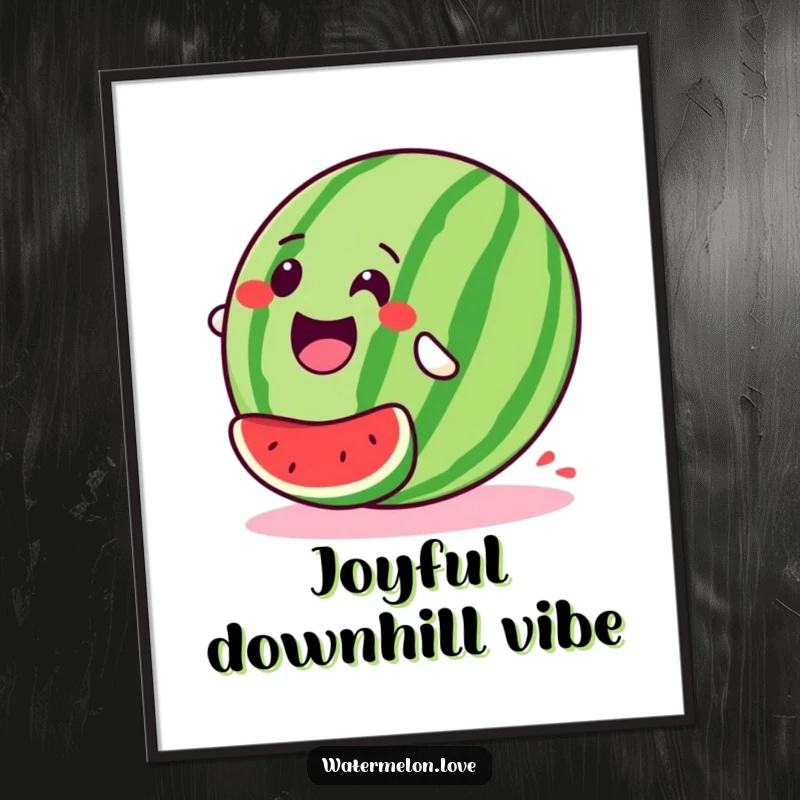 Stylized, happy watermelon digital art print depicted in a joyful downhill roll with pure glee, ready to bring laughter and adventure to your walls.