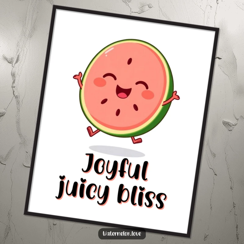 High-resolution digital art print of a funny, smiling anthropomorphic watermelon slice bouncing with pure joy.