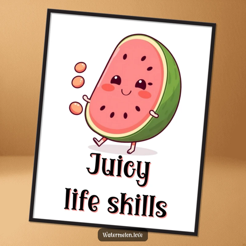Funny Watermelon Digital Art Print: High-resolution art of a smiling watermelon slice juggling seeds, for instant summer decor.