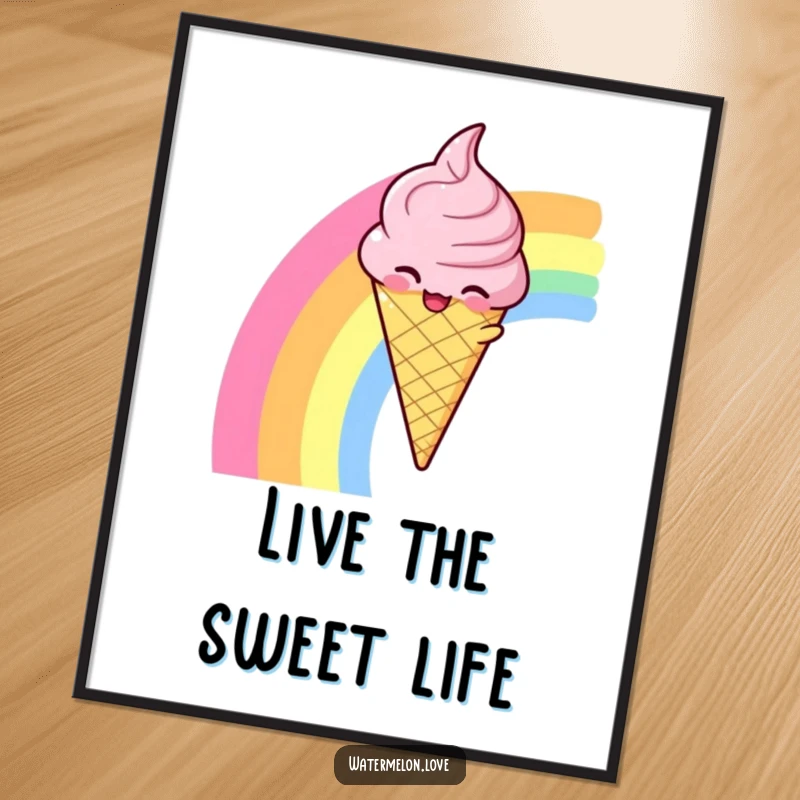 Funny digital art of a winking anthropomorphic ice cream cone sliding down a rainbow, perfect for instant decor.