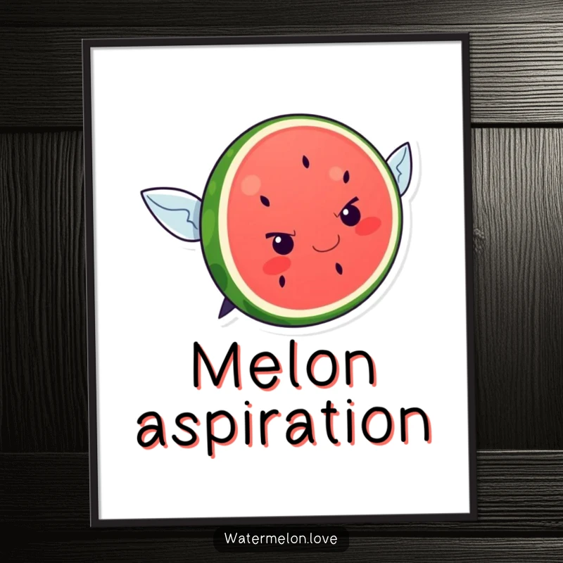 Funny digital art print of a kawaii watermelon slice with a determined expression attempting to fly, perfect for motivational decor.
