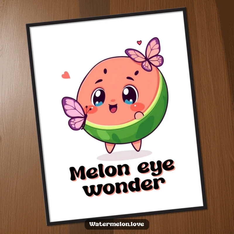 Funny digital art print of a kawaii watermelon slice with excited eyes chasing a butterfly, perfect for whimsical decor.