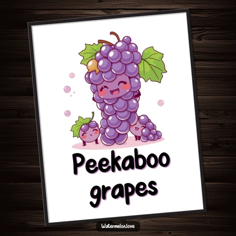 Funny digital art print of a giggling bunch of grapes playing hide-and-seek, full of playful joy.