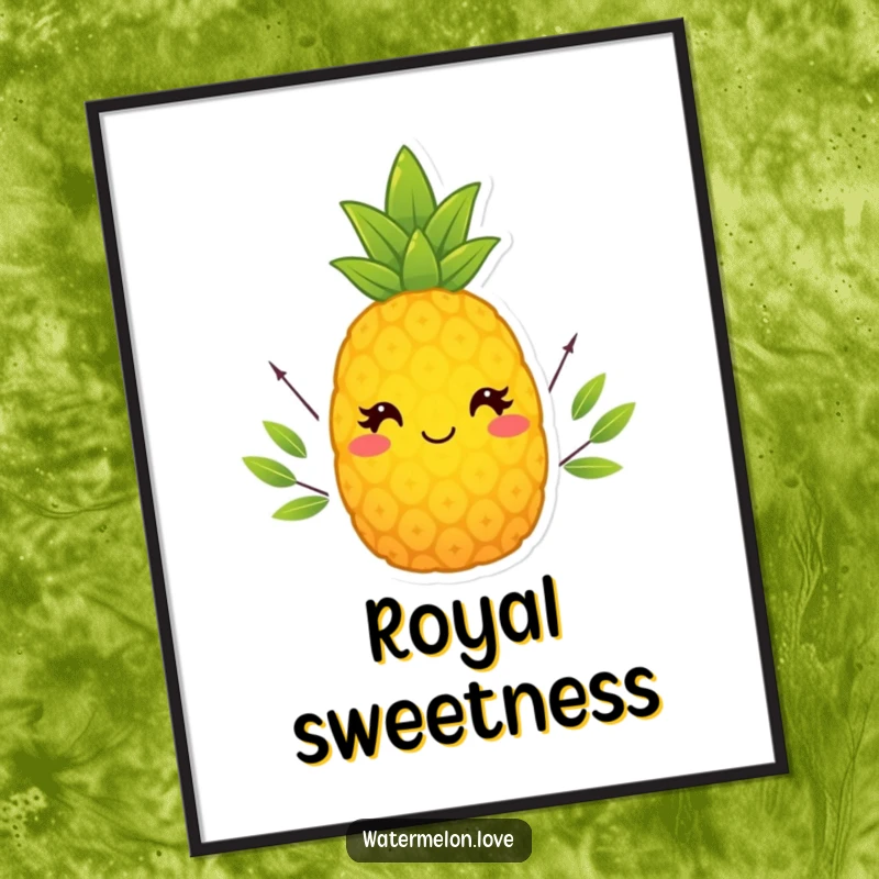 Funny Pineapple Digital Art Print with a tiny leafy crown, perfect for vibrant and humorous tropical decor.