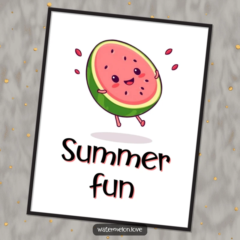 Funny Kawaii smiling watermelon slice doing a cartwheel, seeds flying, a humorous and energetic piece of digital artwork.