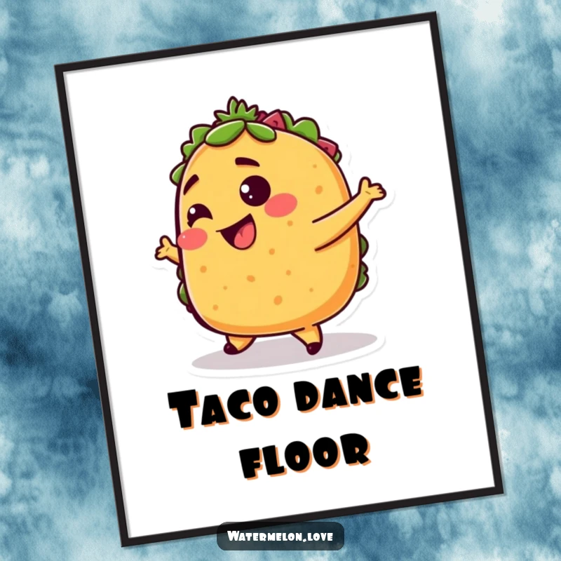 Funny taco digital art print, lively artwork of anthropomorphic taco dancing with elation, vibrant and appetizing decor.