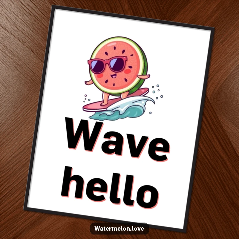 Funny kawaii watermelon slice with sunglasses surfing on a tiny wave, a humorous and tropical digital art print.