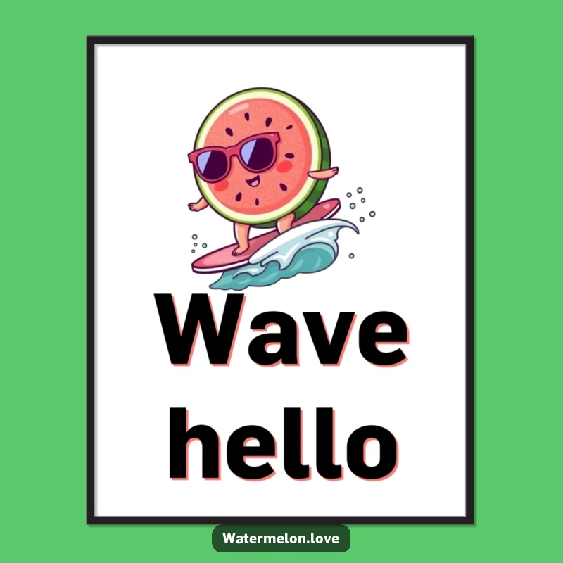 Funny Kawaii Watermelon Art Print: Hilarious Surfing Fruit for Coastal Decor, Perfect Funny Gift