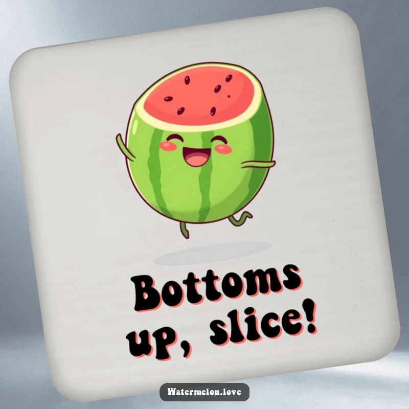 Funny watermelon coaster, protective mat with anthropomorphic fruit character bouncing with glee, practical and humorous home accessory.