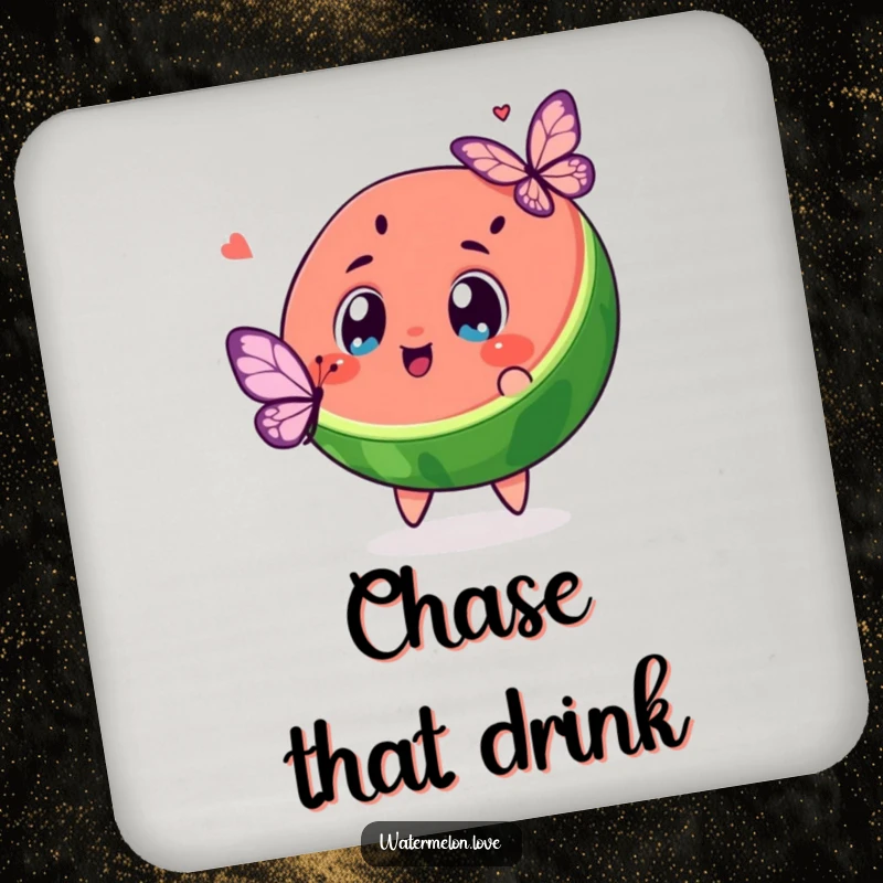 Funny kawaii watermelon slice chasing a butterfly on a humorous drink coaster, protecting surfaces with charm.