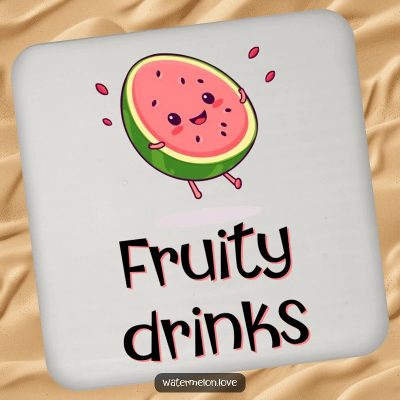 Funny Kawaii smiling watermelon slice doing a cartwheel, seeds flying, protecting surfaces with fruity fun and humor.