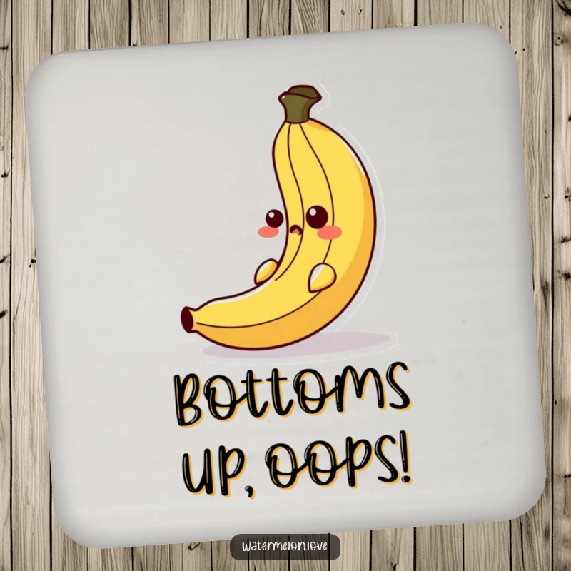 Funny drink coaster designed with an anthropomorphic banana peel in a comical slipping pose, adding humor to beverage service.