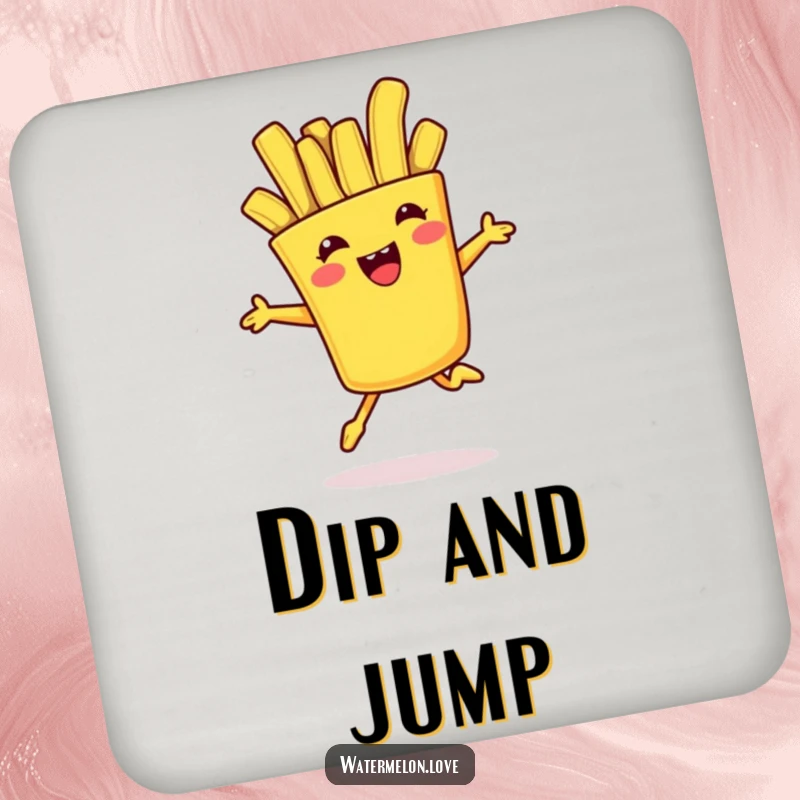 Funny drink coaster showcasing an anthropomorphic french fry in a playful jump, perfect for adding foodie fun and surface protection.