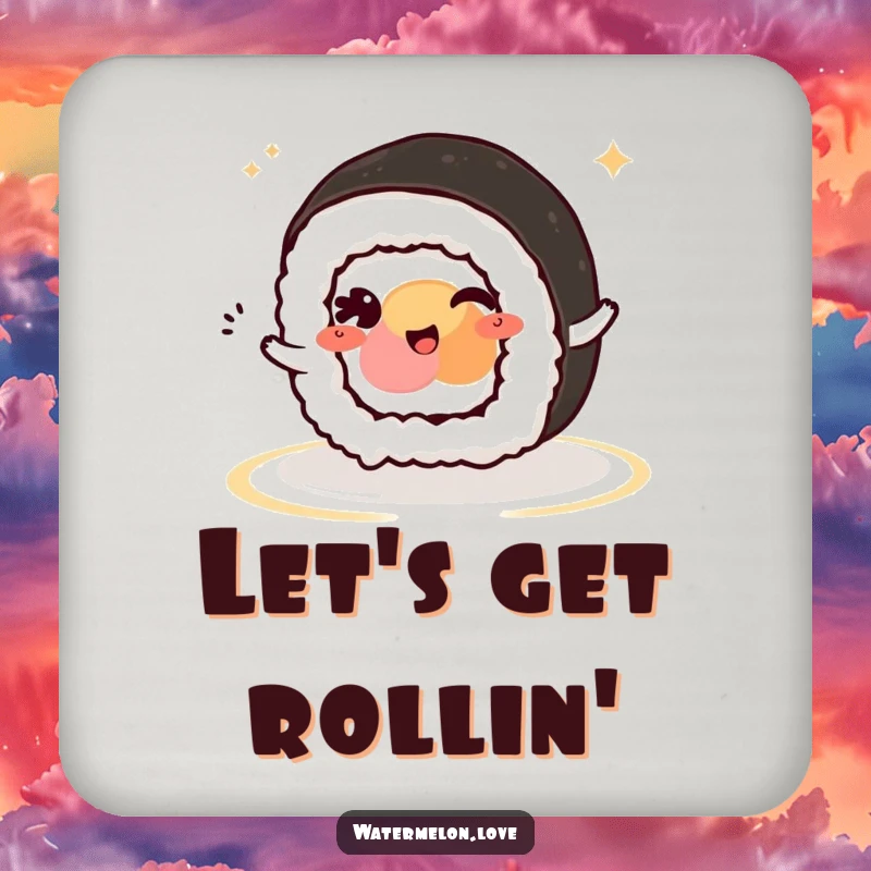 Funny Kawaii Sushi Roll Coaster: A winking sushi roll character ready to protect your surfaces with charm and humor.