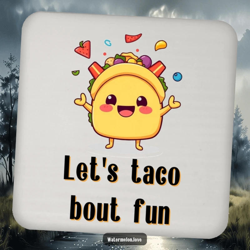 Funny Kawaii Taco Coaster: A happy taco character juggling colorful toppings, ready to protect your surfaces with flair.