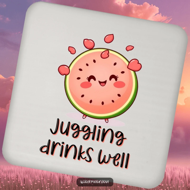 Funny kawaii watermelon slice juggling multiple seeds with a smile, a humorous coaster set.