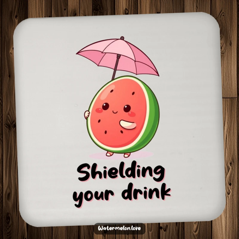 Funny Kawaii Watermelon Coasters, cute fruit character comically balancing a tiny umbrella, cheerful and protective funny gift.