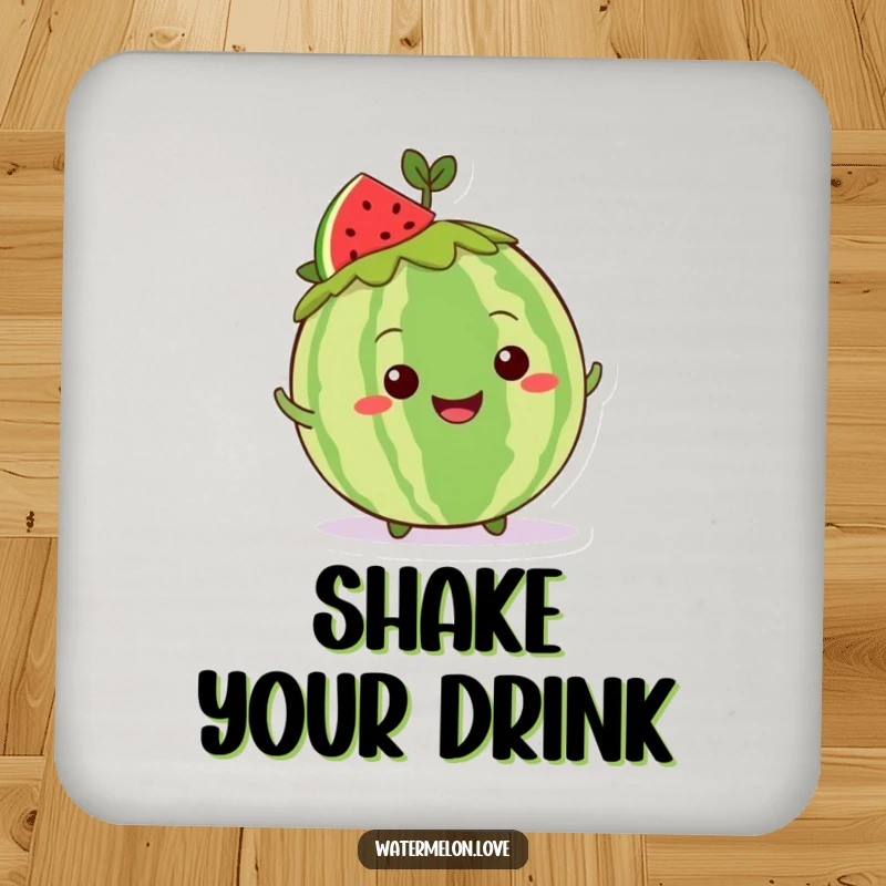 Funny Kawaii whole watermelon coaster, featuring a grinning character with a leafy crown doing a playful shimmy, for drink protection.