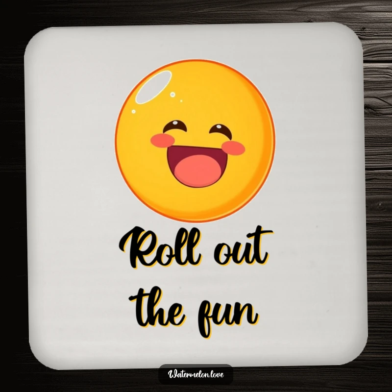 Funny rolling orange drink coaster, a round fruit character laughing heartily while tumbling.