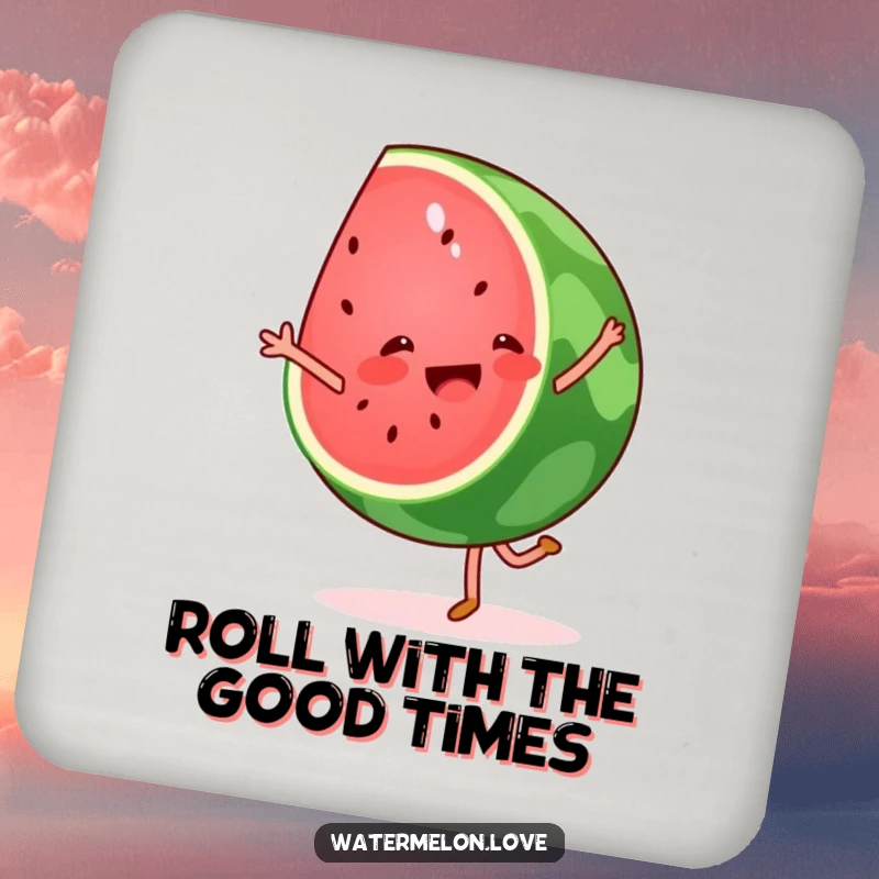 Funny watermelon cartwheel drink coaster, a circular base featuring a gleeful fruit slice doing a cartwheel.