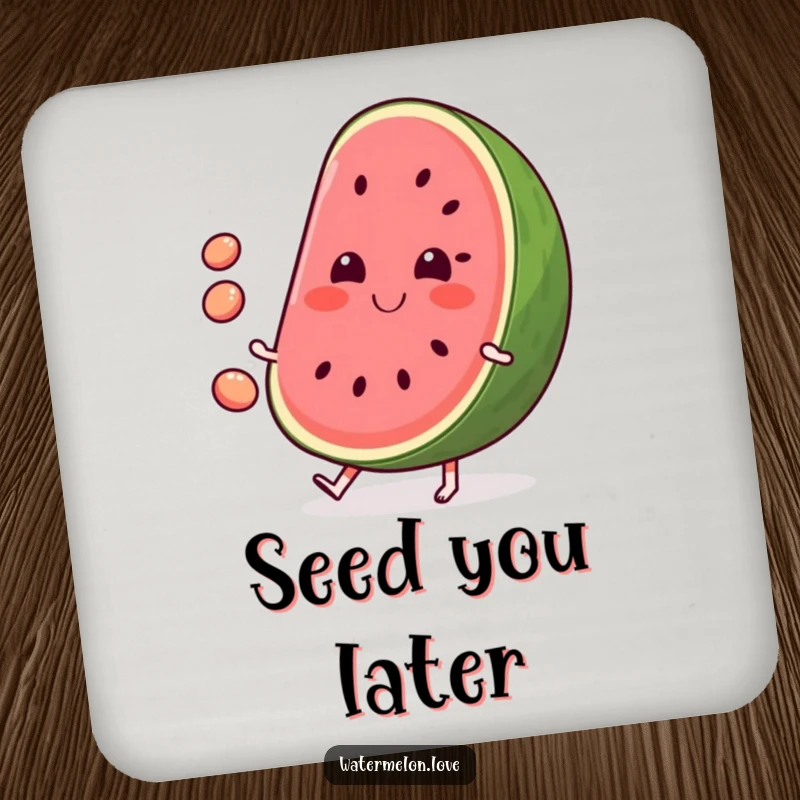 Funny Watermelon Coasters: Set of 4 depicting a smiling watermelon juggling seeds, adding summer fun to tables.
