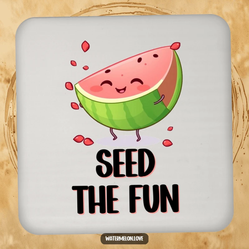 Funny watermelon coaster, a smiling slice with tiny legs, juggling seeds with excitement, perfect for protecting tables.