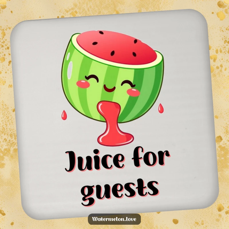 Funny stylized, smiling watermelon dripping happy juice drops, on a protective and decorative drink coaster.