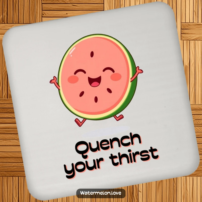 Coaster featuring a funny, smiling watermelon slice character bouncing with joy, adding summer humor to your table.