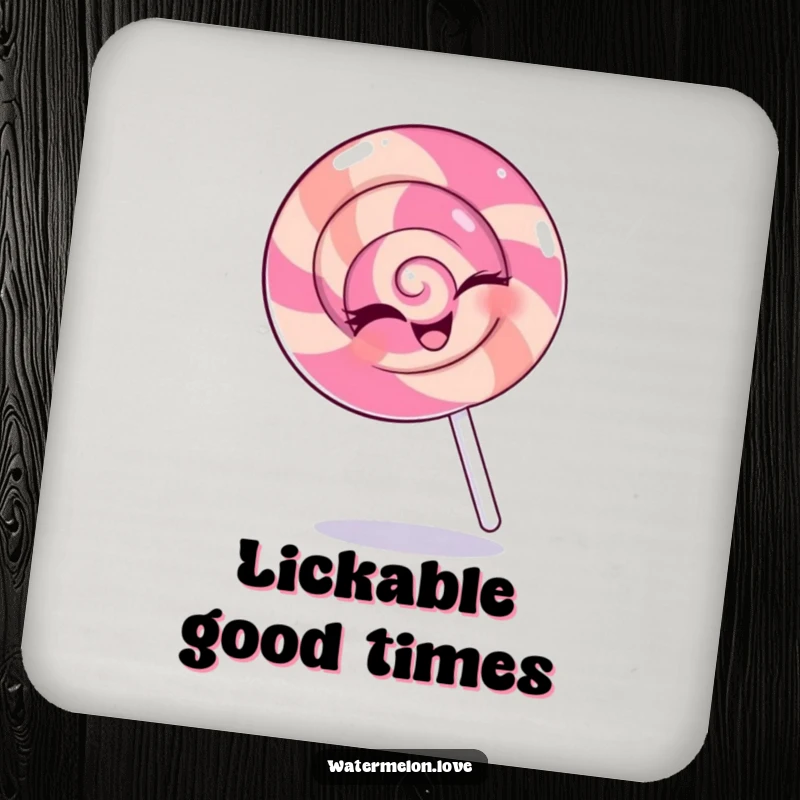 Funny drink coaster showcasing a winking anthropomorphic lollipop spinning happily, perfect for adding sweet charm and protection.