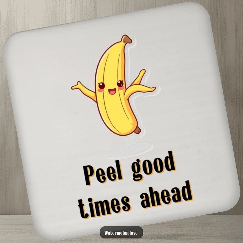 Funny dancing banana peel drink coaster, a cheerful fruit peel in a silly dance pose on its tip.