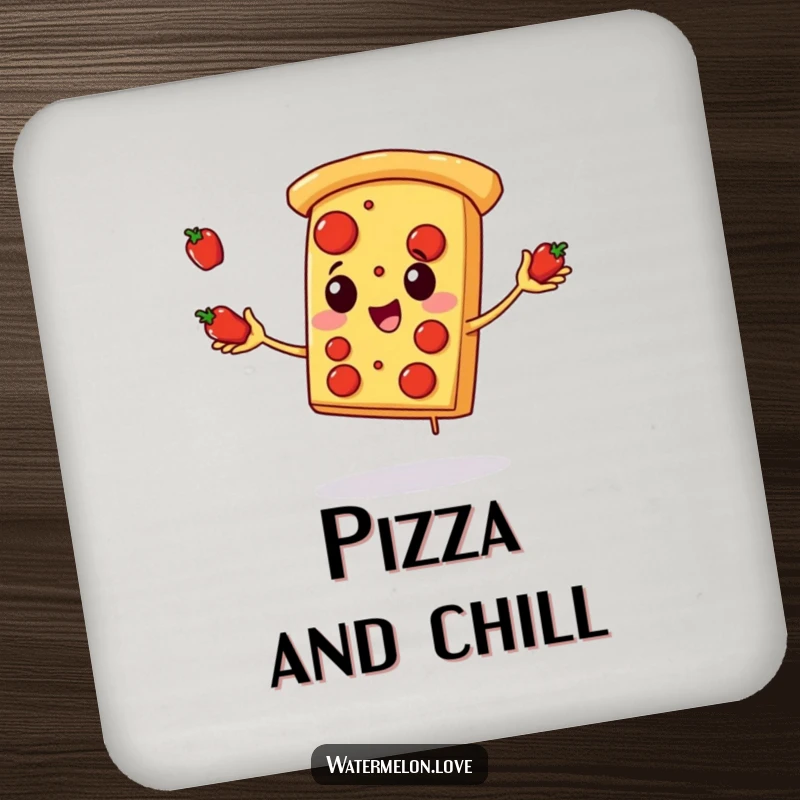 Funny pizza coaster, protective mat with anthropomorphic pizza slice juggling pepperoni with glee, practical and amusing.