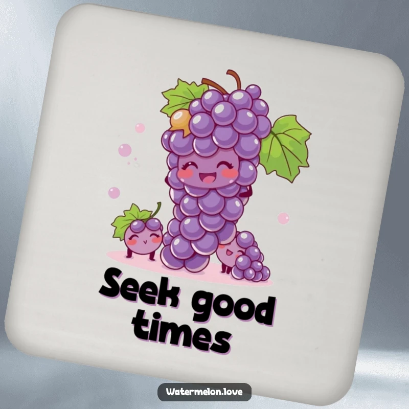 Funny coaster featuring a giggling bunch of grapes playing hide-and-seek, adding playful charm to surfaces.