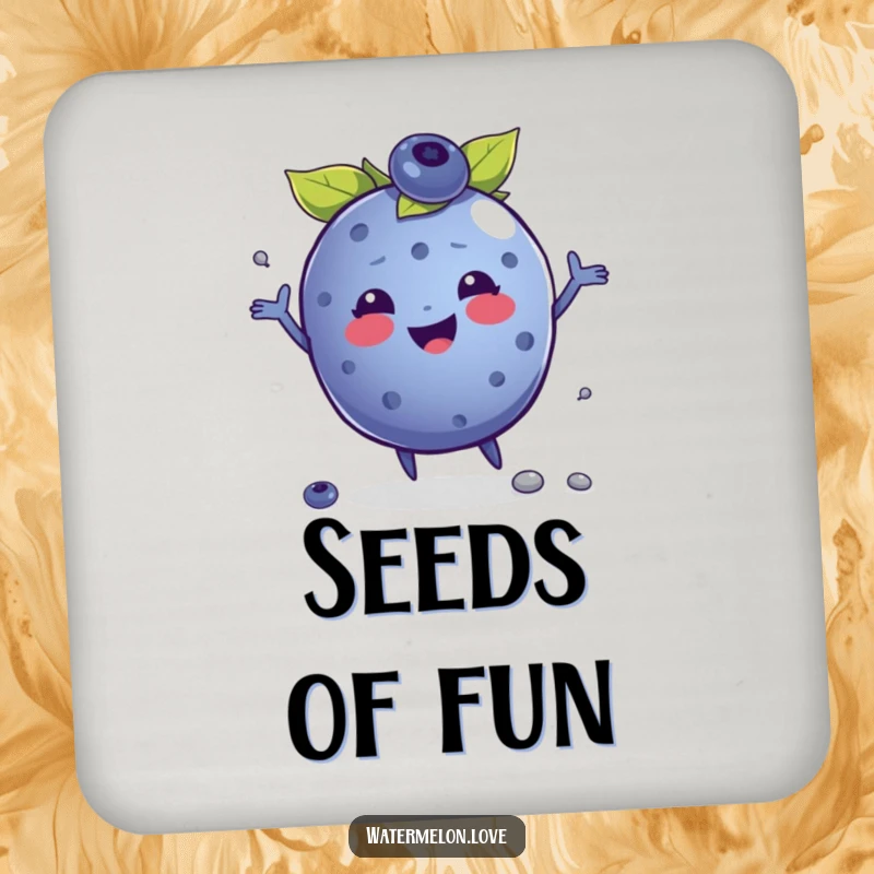 Funny drink coaster with a happy anthropomorphic blueberry juggling seeds, bringing a touch of fruity joy and protection.