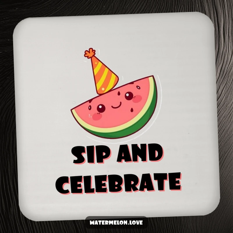 Funny Kawaii watermelon slice coaster with a party hat, cheering, a humorous and fruity coaster.