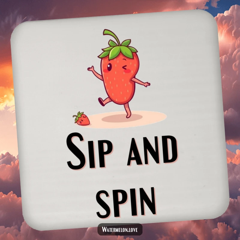 Funny strawberry coaster, protective surface with anthropomorphic fruit doing a cartwheel, practical and amusing.