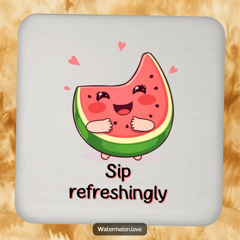 Funny kawaii watermelon slice coasters, smiling and giving a juicy hug, protecting surfaces with cute design.