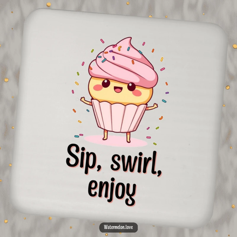 Funny Coasters: Cupcake spinning with sprinkles, protecting surfaces with dessert charm, a cute funny gift.
