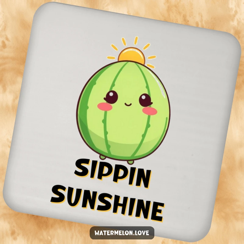 Funny drink coasters featuring a watermelon character with a sunshine halo, looking up, symbolizing hope and protecting surfaces.