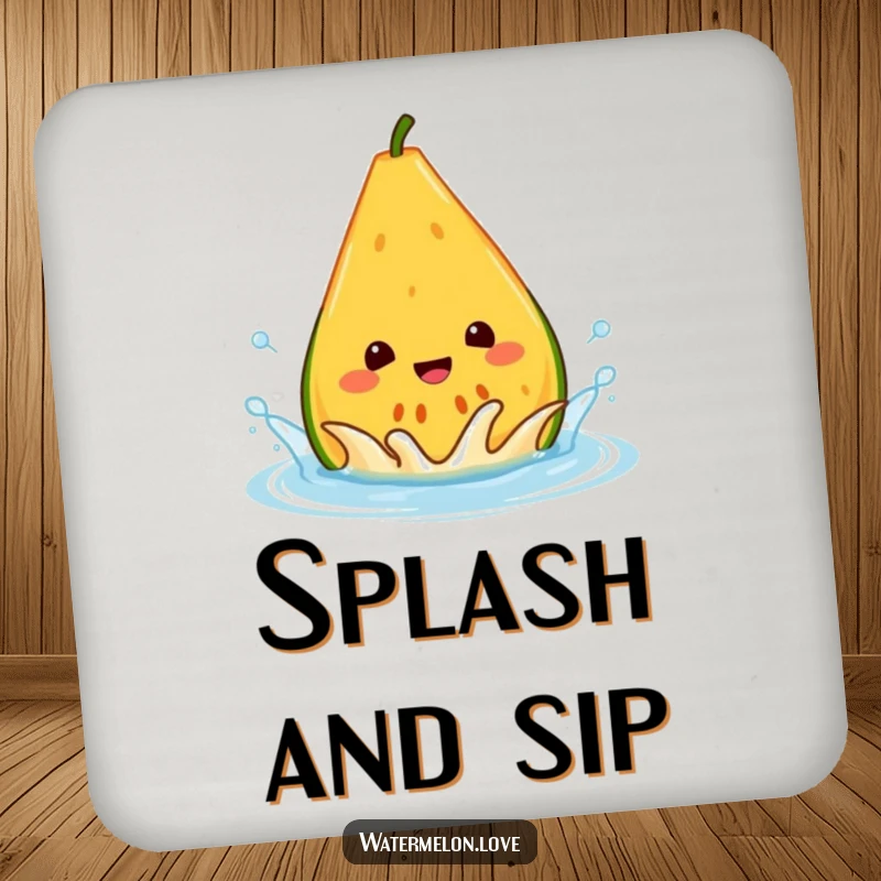 Funny melon coaster, a cheerful anthropomorphic wedge splashing in a water droplet, perfect for protecting tables.